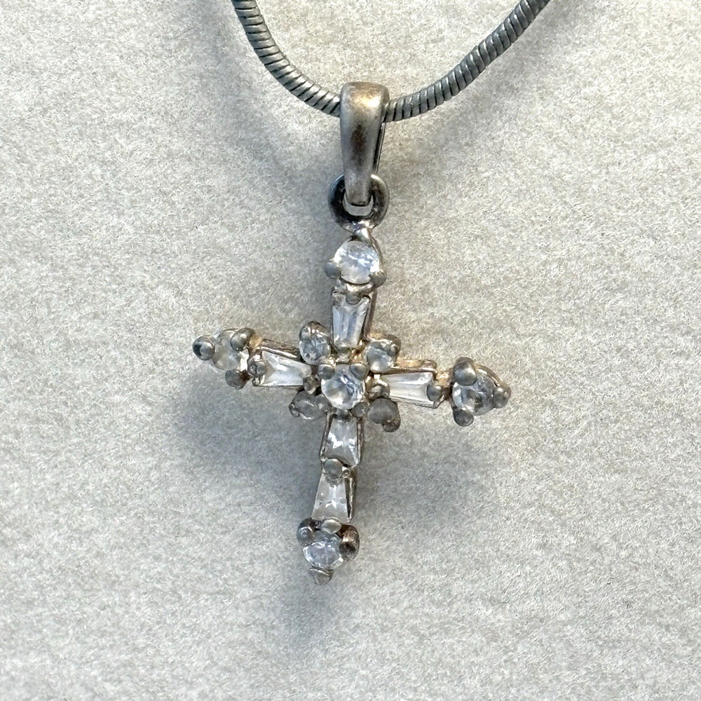 Vtg 925 Sterling Silver Clear Rhinestone Cross Pendant Snake Chain Necklace 19"